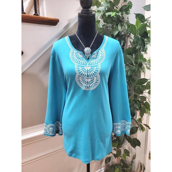 JM Collection Women's Blue Cotton V-Neck Long Sleeve Casual Top Blouse X-Large - Picture 14 of 14